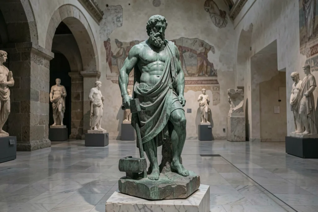 Statue en bronze antique de Vulcain boiteux dans une galerie de musée archéologique