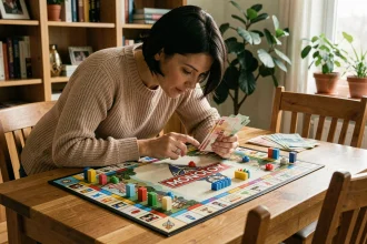 Femme analysant une stratégie sur un plateau de Monopoly City posé sur une table en bois dans un salon chaleureux