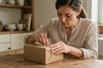 Femme collant un timbre dans le coin supérieur droit d'un colis en carton pour un envoi La Poste