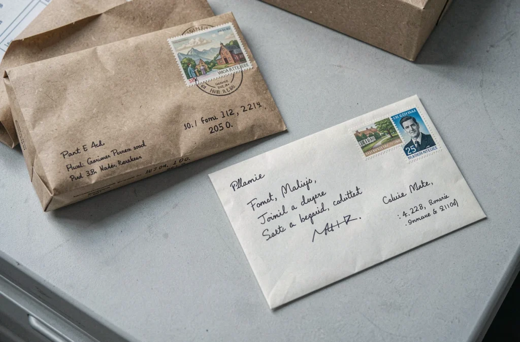 Vue de dessus de colis et enveloppes avec timbres collés dans le coin droit pour un envoi postal en France