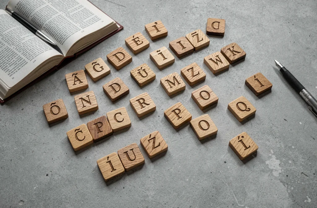 Tuiles en bois formant l'alphabet français avec lettres accentuées sur surface en béton gris