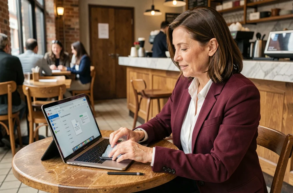 Femme consultant un outil de scan de documents sur ordinateur portable et tablette dans un café