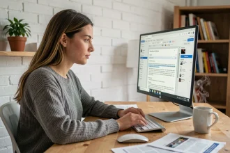 Jeune femme utilisant un logiciel de scan de documents sur PC dans un bureau à domicile