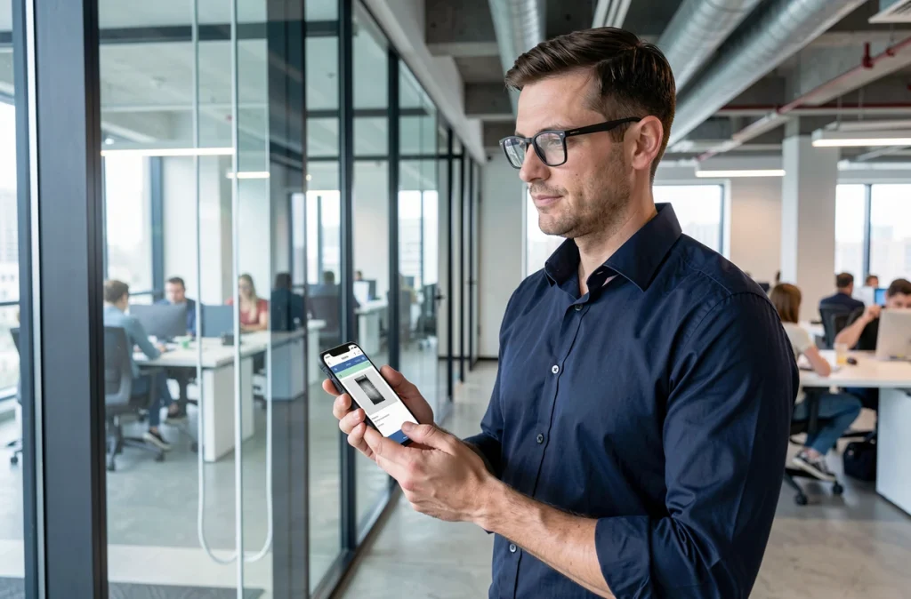 Homme utilisant une application de scan de documents sur smartphone dans un bureau moderne