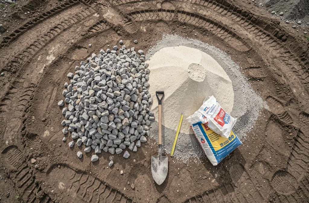 Vue aérienne des matériaux de construction — gravier, sable et ciment — disposés sur un chantier résidentiel avec outils de mesure