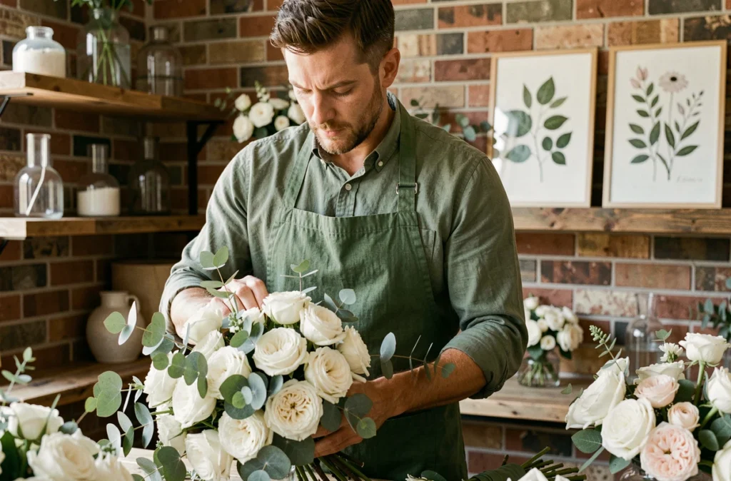 Fleuriste artisan masculin assemblant un bouquet nuptial dans l'atelier de Brice à Nantes