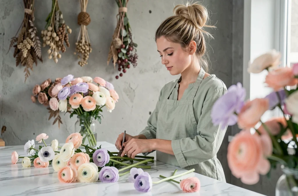 Jeune fleuriste préparant des fleurs fraîches dans la boutique Bourgeon Fleuriste à Nantes
