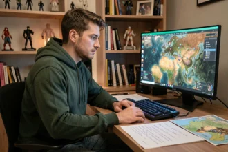 Joueur de Dofus consultant une carte interactive sur son écran pour localiser les chasseurs dans le jeu