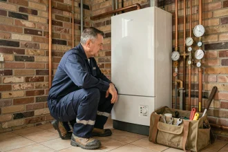 Chauffagiste professionnel intervenant sur une chaudière à gaz dans la Somme