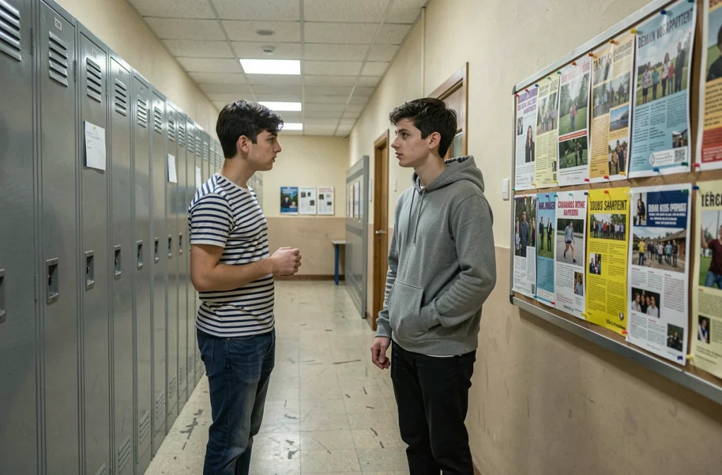 Couloir de lycée français reproduisant les décors scolaires de la série Demain nous appartient avec deux lycéens
