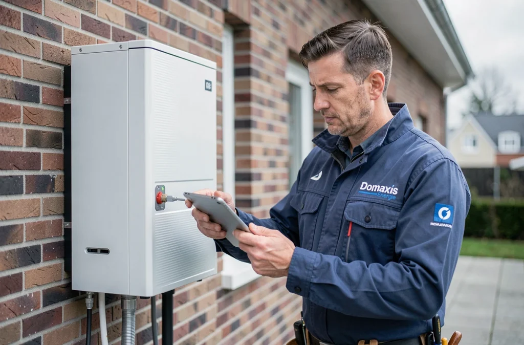 Technicien Domaxis Énergie inspectant une pompe à chaleur sur une maison dans la Somme