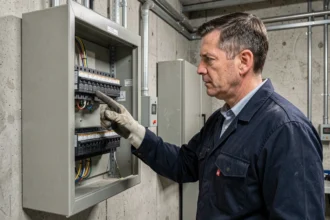Électricien professionnel examinant un tableau électrique triphasé avec disjoncteurs calibrés dans une salle technique industrielle