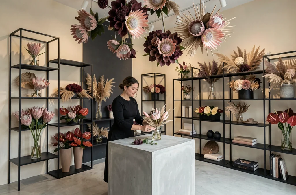 Boutique design contemporaine Fleurs Et Design Concept à Nantes avec installations florales sculpturales