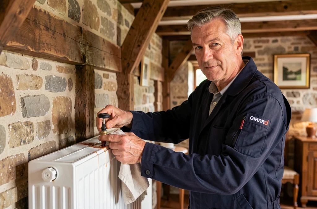 Chauffagiste Girard purgeant un radiateur dans une maison de campagne de la Somme