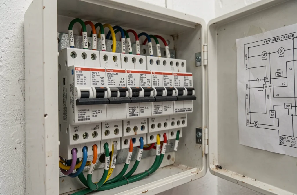 Gros plan sur un tableau électrique triphasé résidentiel avec disjoncteurs modulaires de différents calibres et câblage organisé