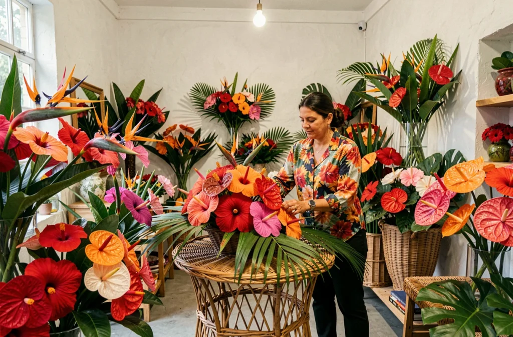 Intérieur coloré de la boutique Hibiscus Fleurs à Nantes avec arrangements tropicaux exotiques