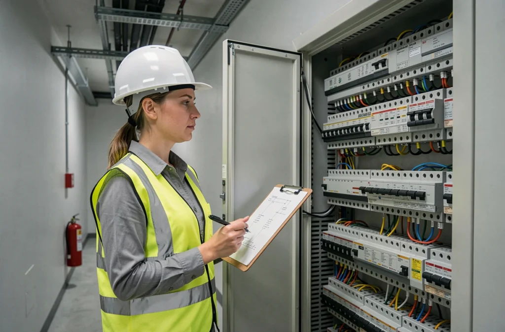 Ingénieure électricienne consultant un schéma devant un tableau de distribution triphasé dans un couloir de bâtiment commercial