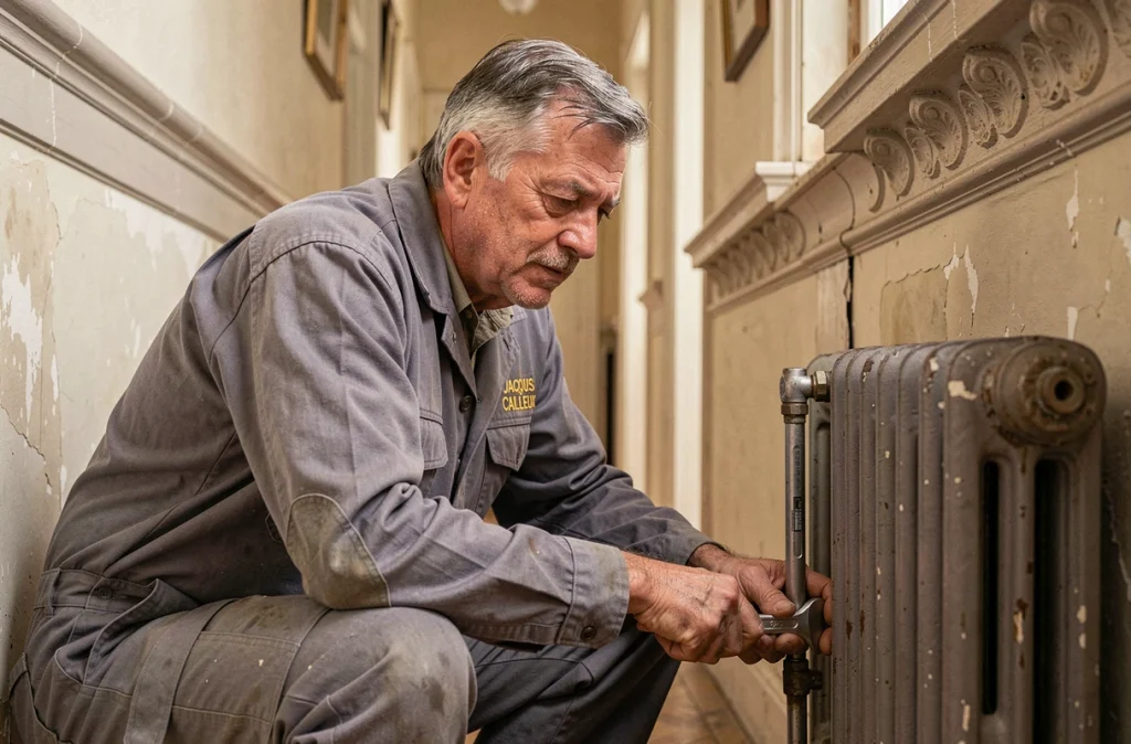 Jacques Cailleux, chauffagiste expérimenté, réglant un radiateur fonte dans un appartement de la Somme