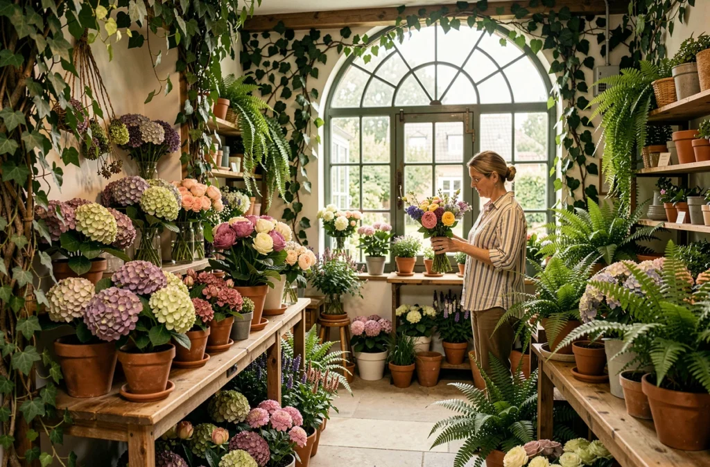 Intérieur verdoyant du Jardin Dobrée, fleuriste à Nantes avec plantes et compositions florales