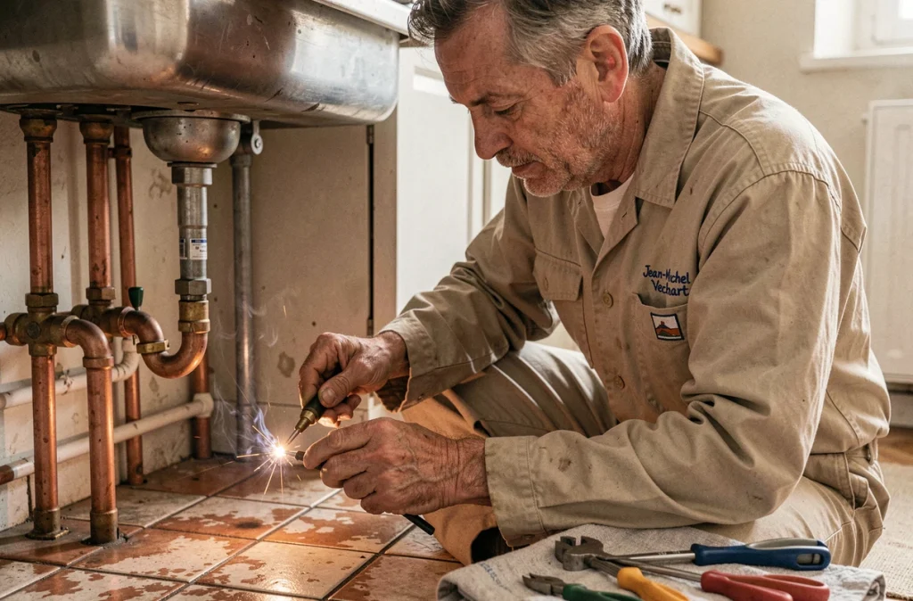 Jean-Michel Vechart, artisan chauffagiste, soudant des tuyaux en cuivre dans une maison de la Somme