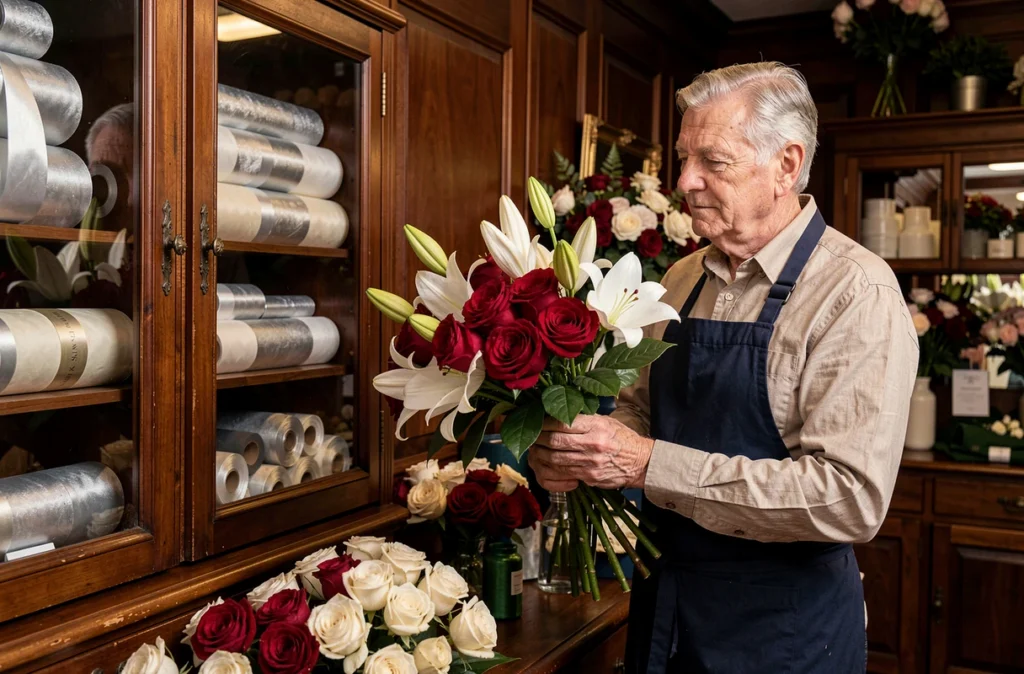Fleuriste expérimenté composant un bouquet classique dans la boutique Jean Tessier à Nantes