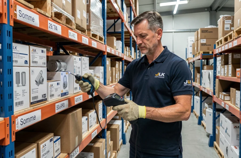 Employé JLK Diffusion gérant des pièces de chauffage dans un entrepôt de la Somme