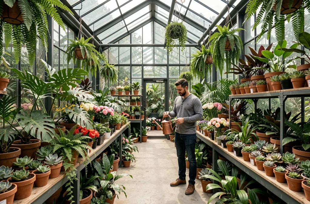 Intérieur de serre végétale de La Serre Fleuriste à Nantes avec foliage tropical abondant