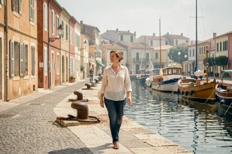 Promenade sur le quai de Sète, lieu de tournage de la série Demain nous appartient, avec façades colorées et bateaux de pêche