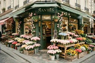 Devanture d'une fleuriste nantaise avec des fleurs colorées exposées sur les trottoirs pavés
