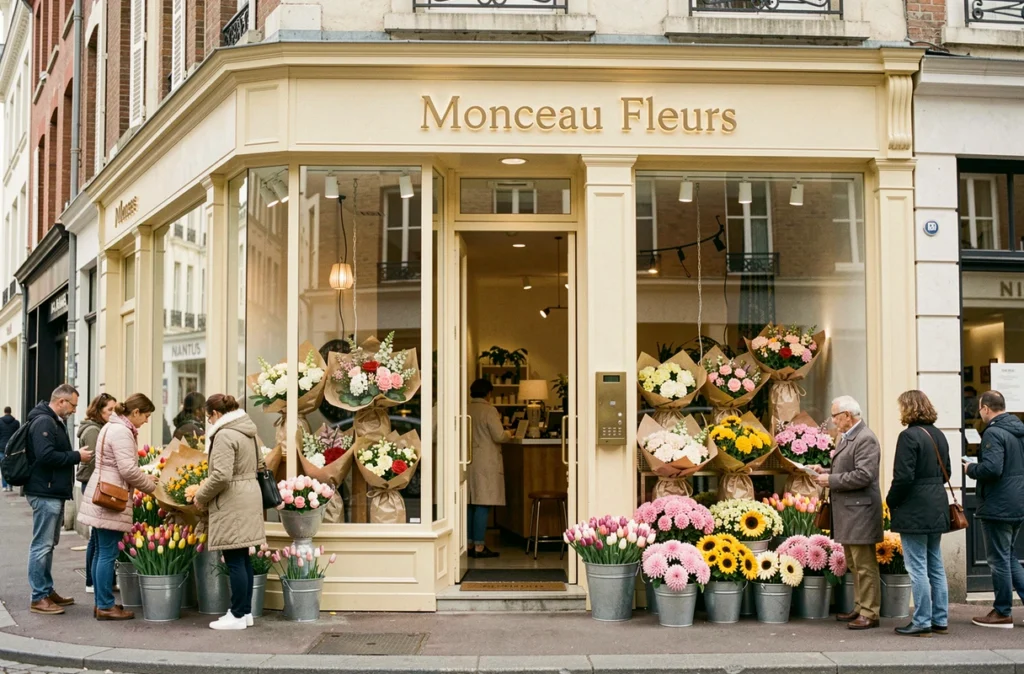 Façade de la boutique Monceau Fleurs à Nantes avec clients choisissant des bouquets de saison