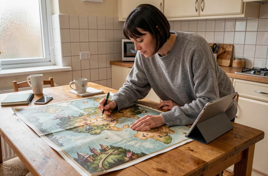Femme indiquant les positions des chasseurs sur une carte imprimée du jeu Dofus posée sur une table