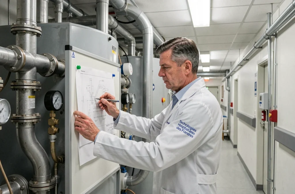 Ingénieur de Technologies Hospitalières des Flandres entretenant une chaudière industrielle dans un hôpital