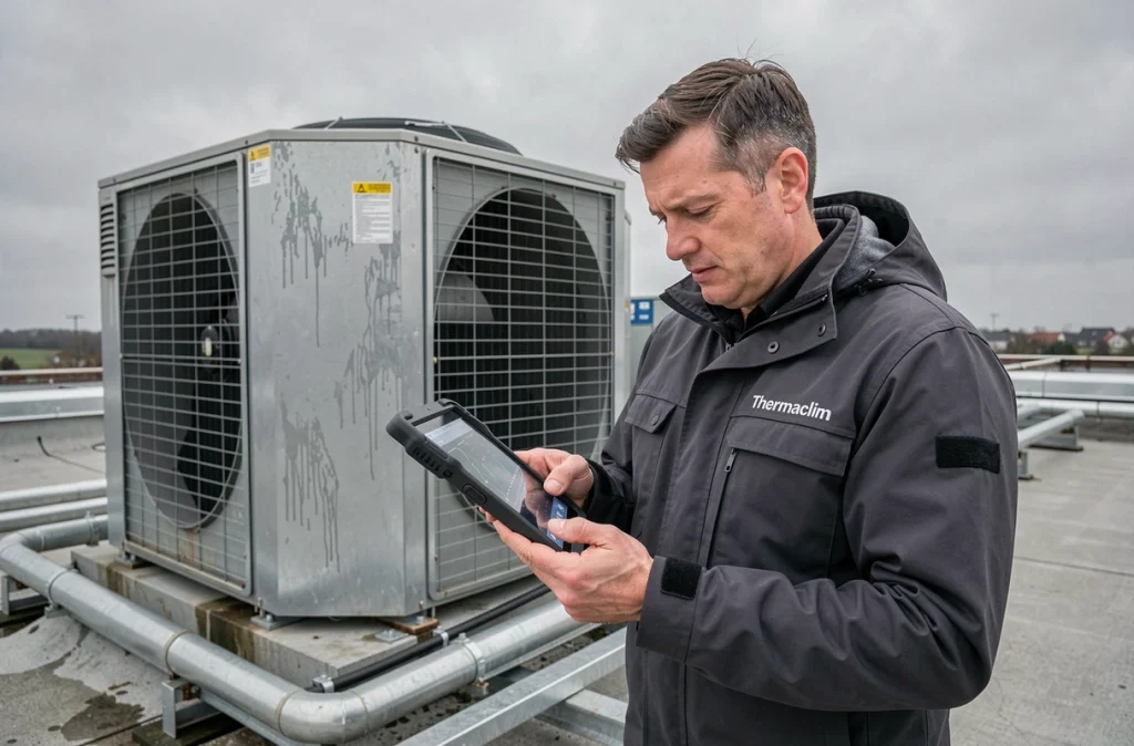 Spécialiste Thermaclim Génie Climatique vérifiant une unité CVC en toiture dans la Somme