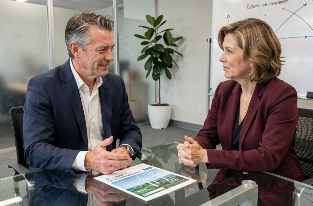 Un conseiller financier présente des options de placements responsables à une cliente dans une salle de réunion professionnelle avec des brochures sur le développement durable