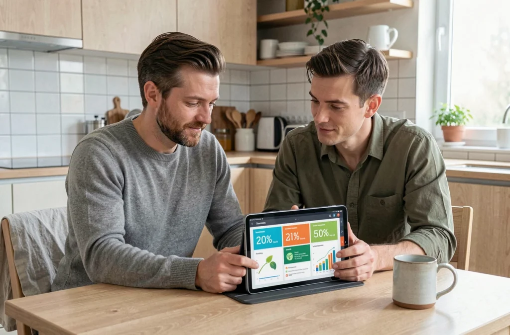 Un couple dans la trentaine consulte un tableau de bord d'investissements durables sur une tablette dans une cuisine moderne et lumineuse
