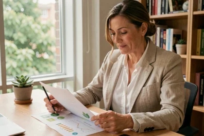 Une femme quadragénaire analyse des documents de placements responsables et de critères ESG dans un bureau à domicile moderne avec des plantes vertes