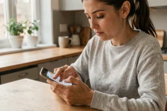 Femme jouant à un jeu de mots sur smartphone avec 4 images 1 mot 5 lettres dans une cuisine moderne