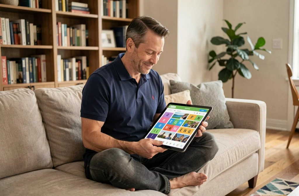 Homme résolvant un niveau 4 images 1 mot 5 lettres sur tablette dans un salon contemporain