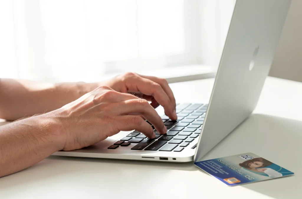 Mains saisissant des informations sur un ordinateur portable