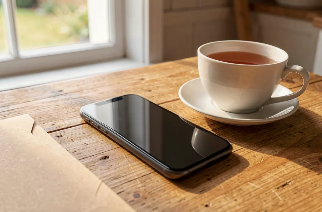 Smartphone affichant un carnet de santé numérique sur une table de cuisine