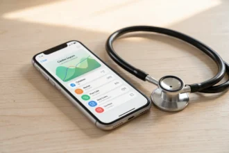 Smartphone et stéthoscope posés sur un bureau en bois clair